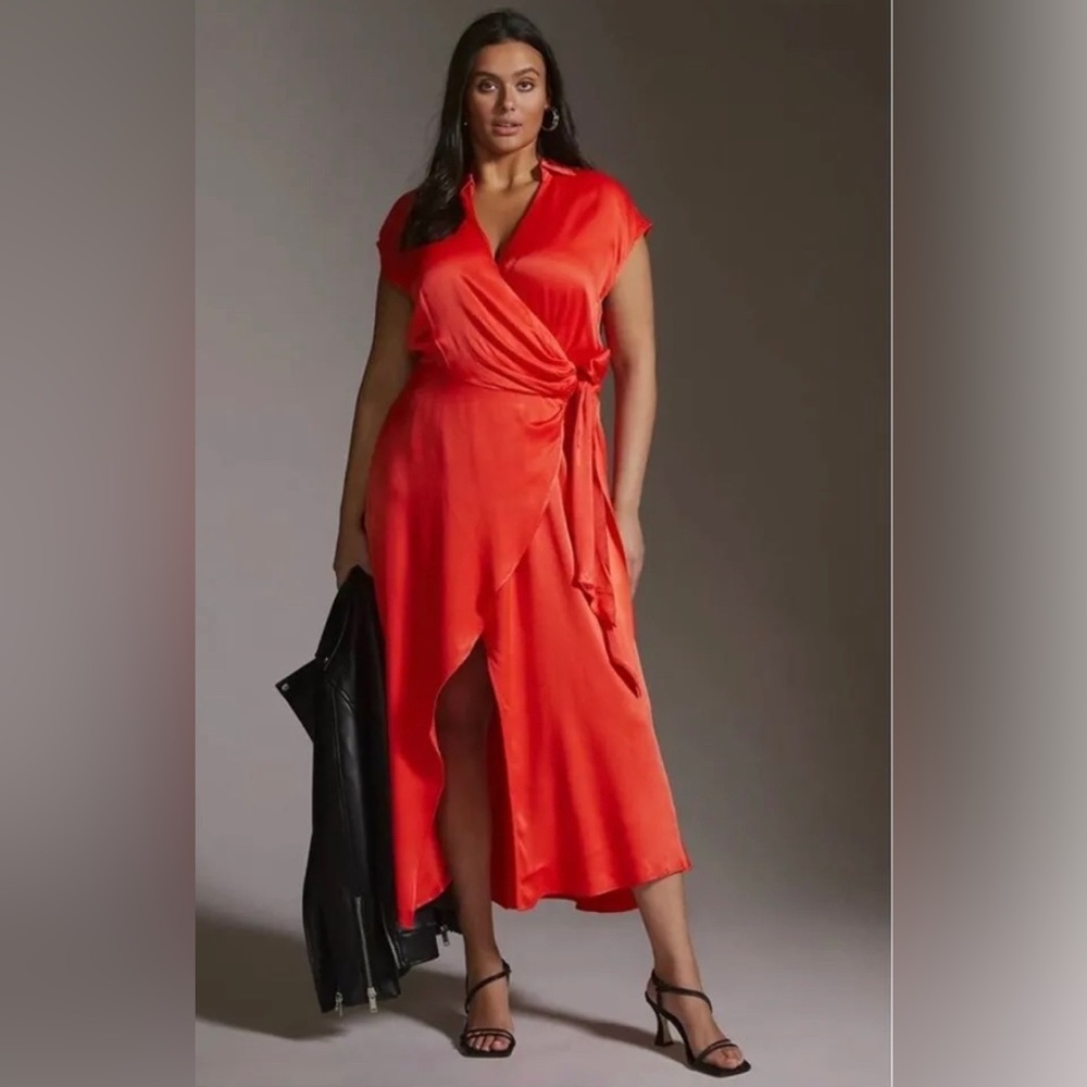 Maeve Elegant Women’s Red Wrap Midi Dress with Side Tie